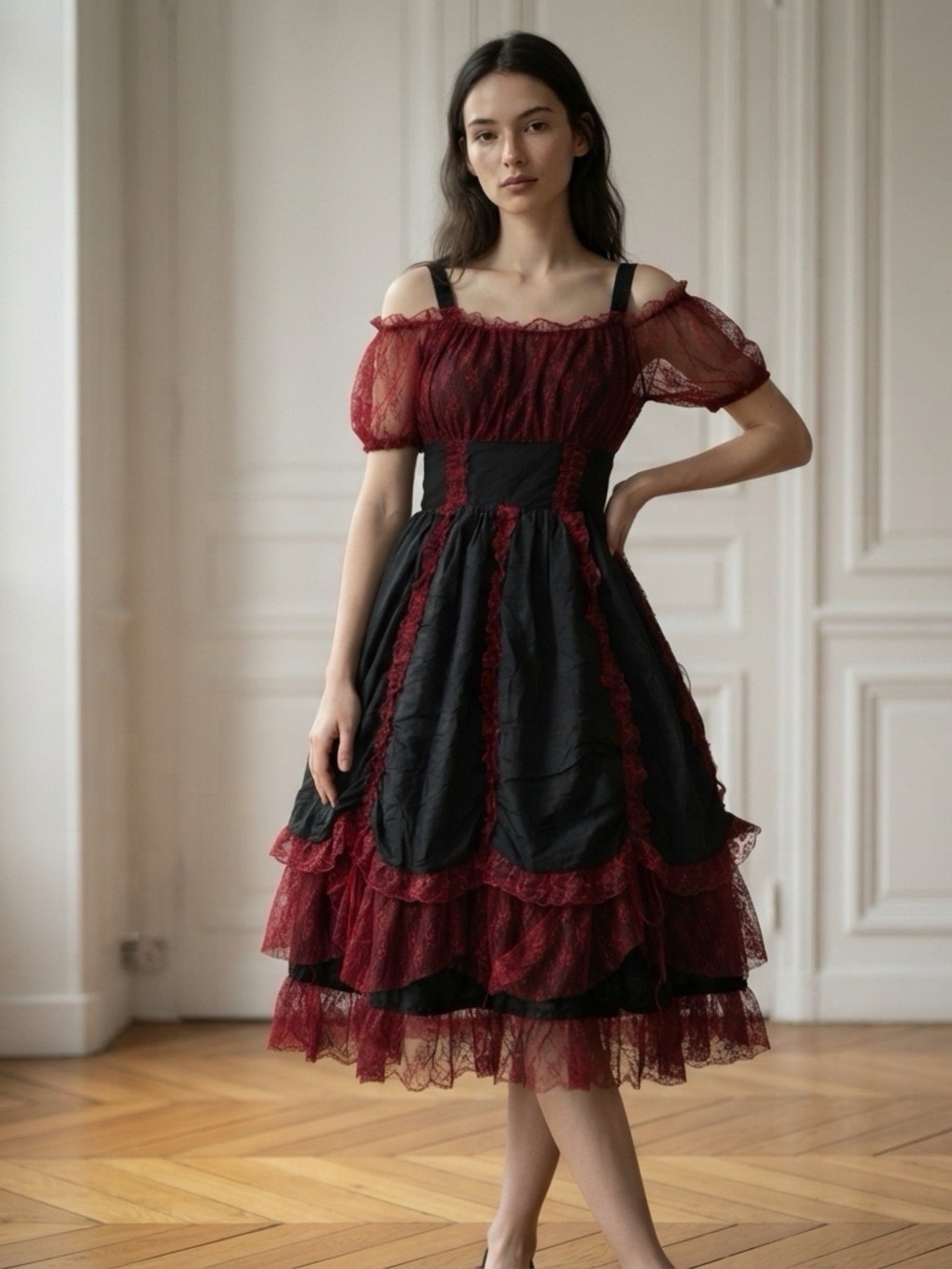 2198 - Red & Black Lace Trim Off-Shoulder Midi Dress
(Crinoline Not included).